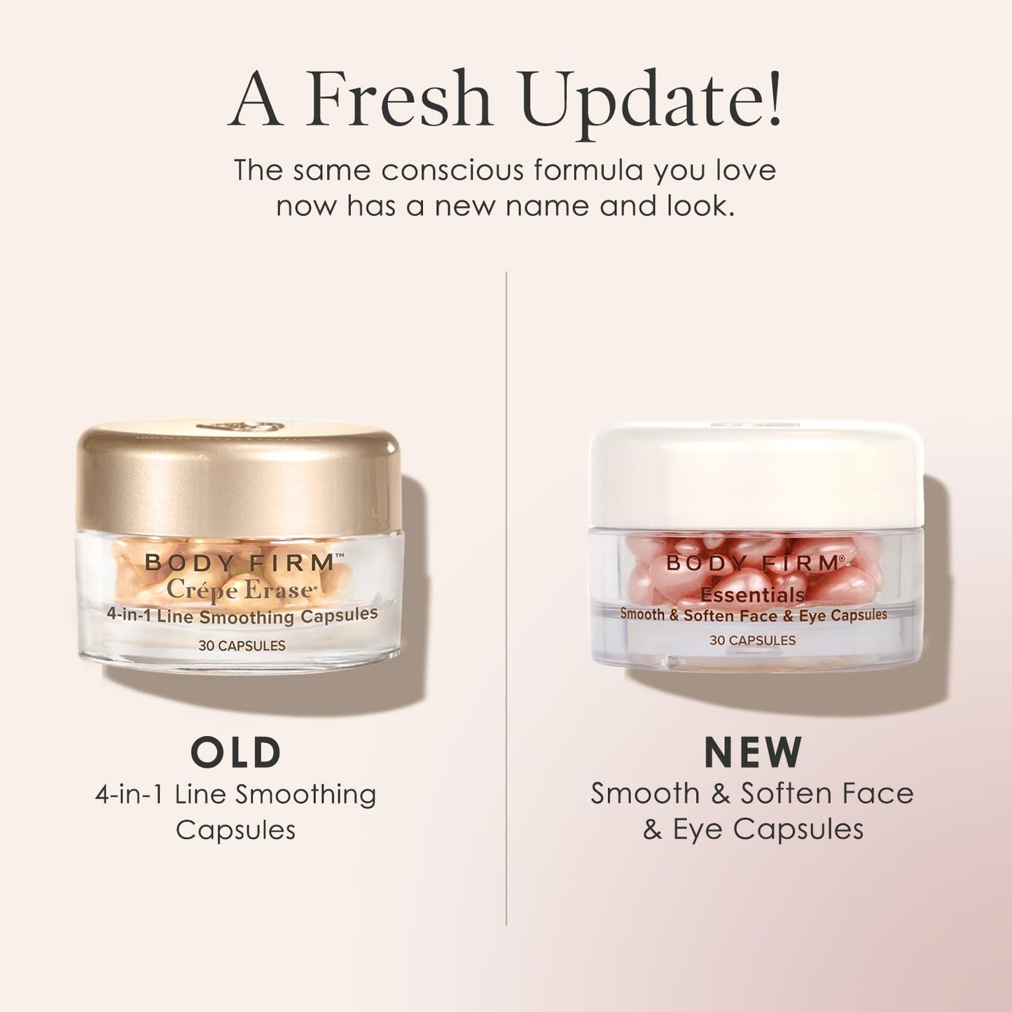 BODY FIRM Crepe Erase 4-in-1 Line Smoothing Capsules, Anti-Aging, Hydrating Face and Eye Serum with Hyaluronic Acid and Multi-Chain Peptide for Wrinkles, Crepe Skin & Fine Lines, 30 Count