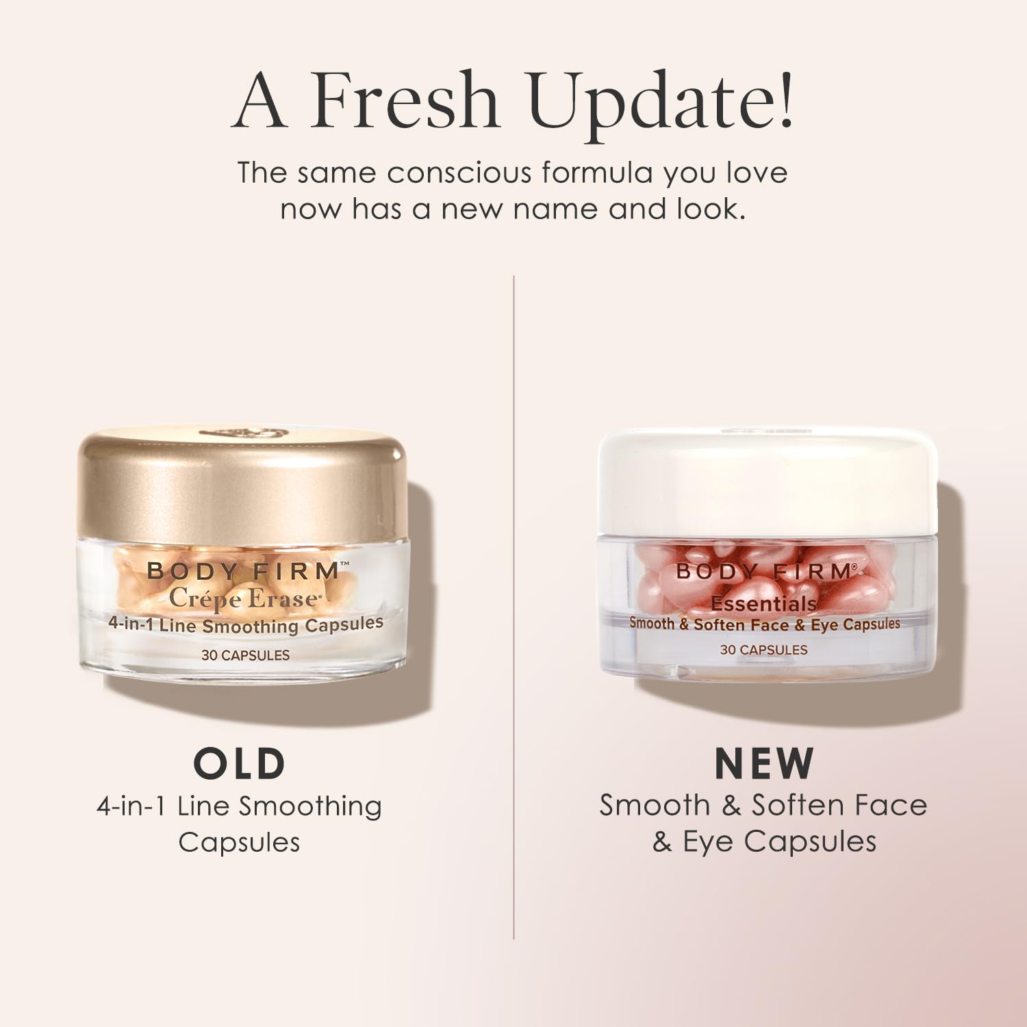 BODY FIRM Crepe Erase 4-in-1 Line Smoothing Capsules, Anti-Aging, Hydrating Face and Eye Serum with Hyaluronic Acid and Multi-Chain Peptide for Wrinkles, Crepe Skin & Fine Lines, 30 Count